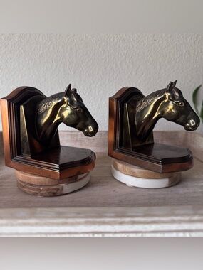 VTG Art Deco Horse Head Bookends Cast Metal Bronze Copper Finish MCM Equestrian
